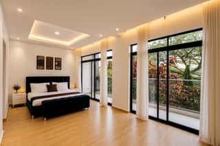 The principal suite, with sliding glass doors