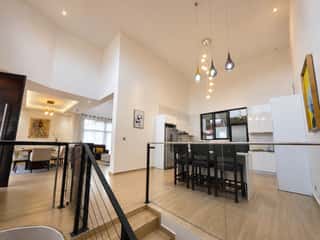 The kitchen and dining space, seen from the stairs