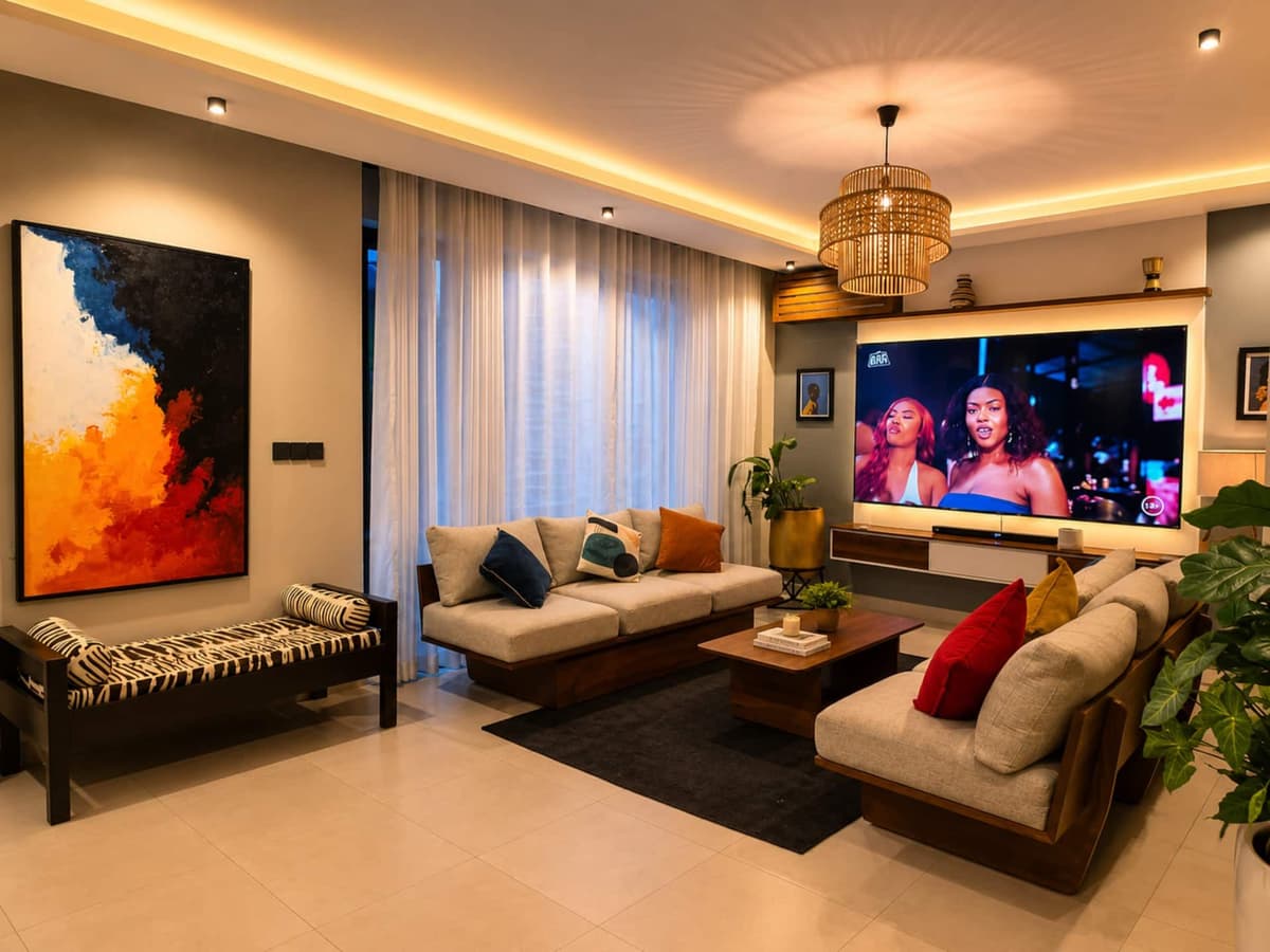 The living room in warm light, with a large sofa and a wall-mounted TV. Amahoro, Kibagabaga.