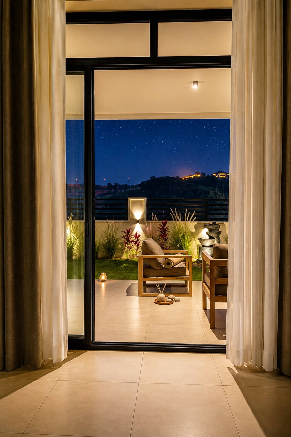 A bedroom at Amahoro opening onto its own terrace at night, with the hills beyond, Kibagabaga, Kigali