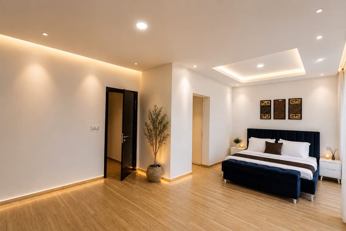 The principal suite, with the bed at the end of a long room lit from above. Urugwiro, Kacyiru.