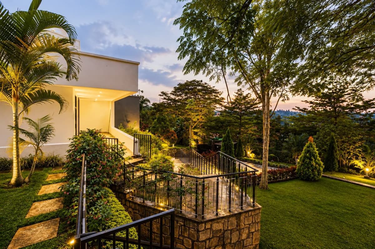 Urugwiro's garden steps and lawns, lit at dusk, Kacyiru, Kigali