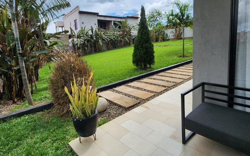 The patio bench, with palms and lawn beyond