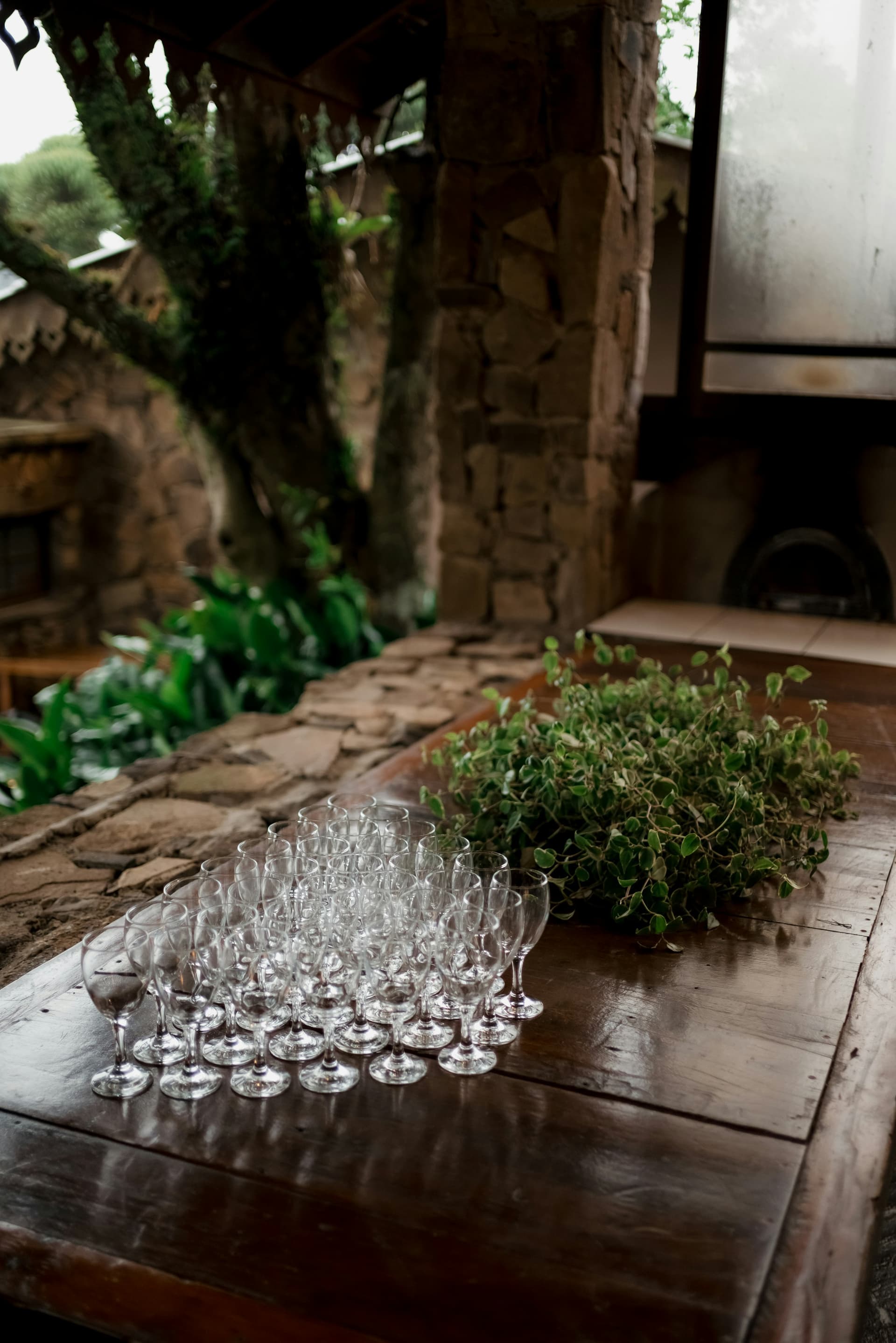 Champagne flutes and herbs on a wooden table outdoors