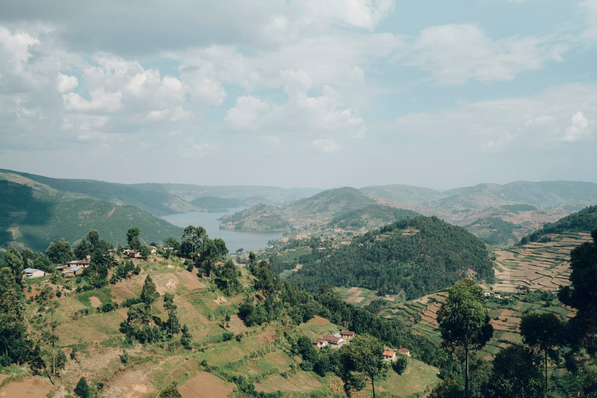 Green hills and a lake in Rwanda, the land of a thousand hills