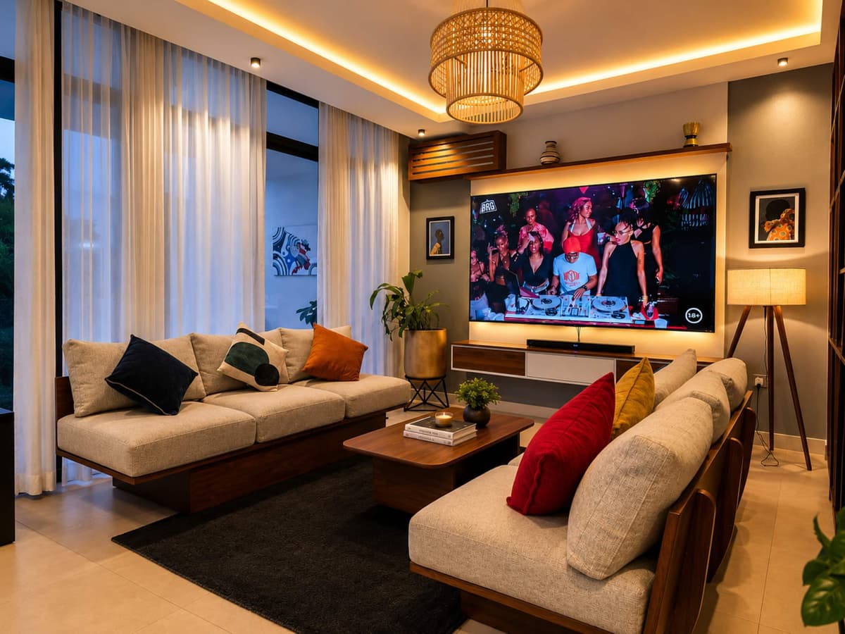 The living room, with a sofa facing the wall-mounted TV. Amahoro, Kibagabaga.