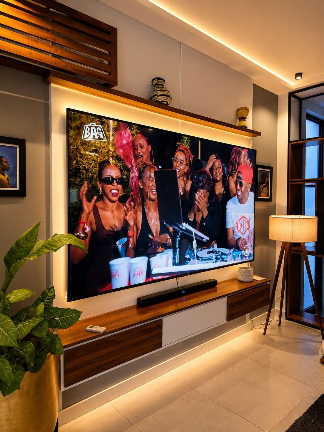 The living room, with cushioned sofas and a wall-mounted TV. Amahoro, Kibagabaga.
