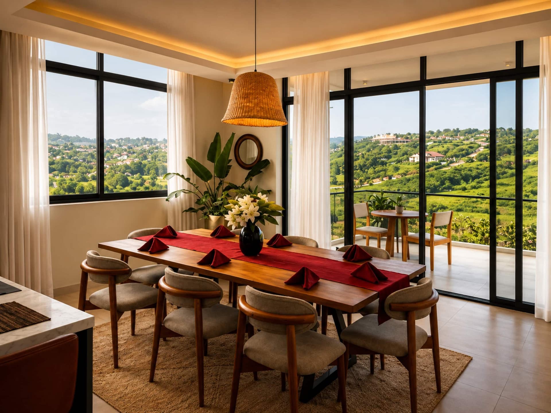 A dining table with floor-to-ceiling windows onto the hills. Amahoro, Kibagabaga.