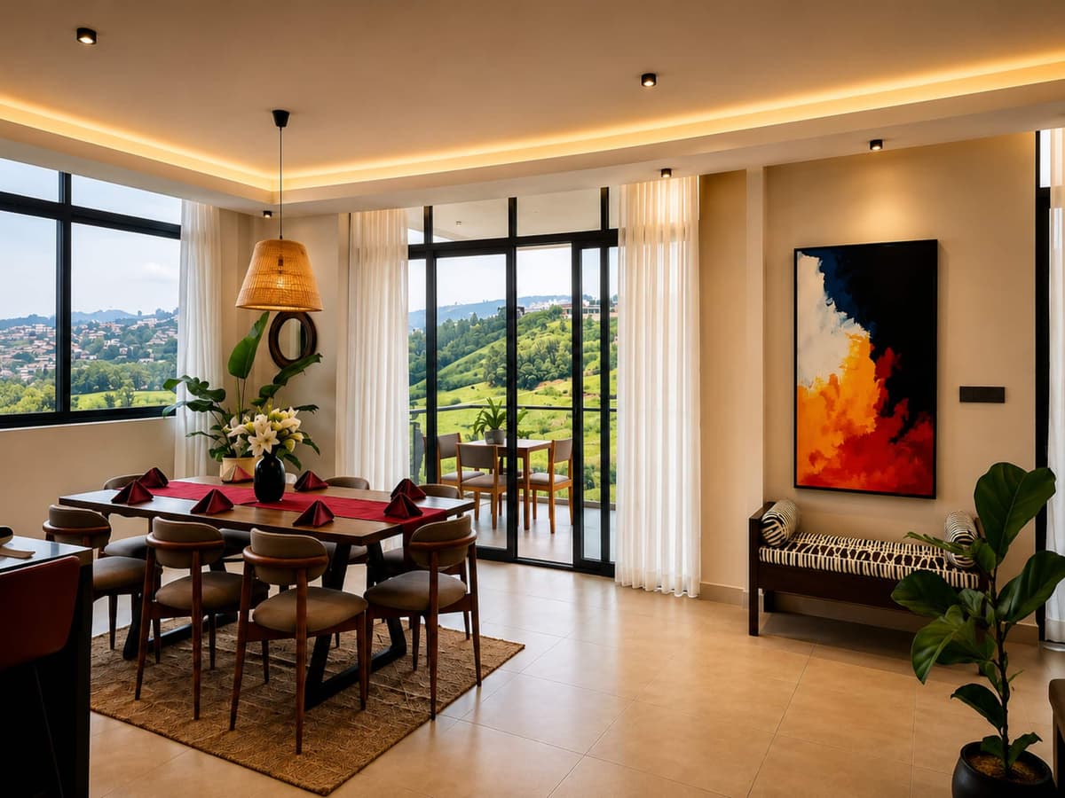 The dining area opening onto the living space, with hill views. Amahoro, Kibagabaga.