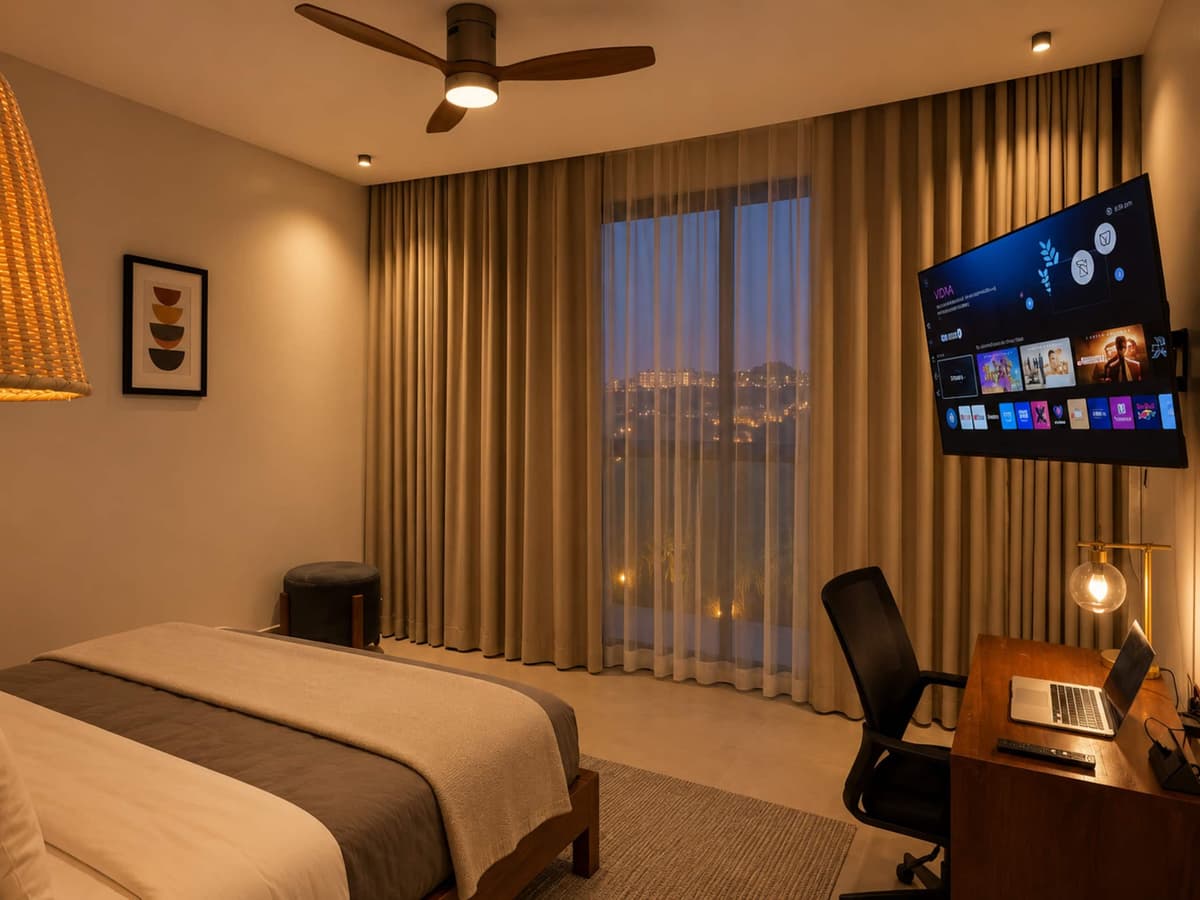 The principal suite at dusk, with a king bed, a desk and the city lights. Amahoro, Kibagabaga.