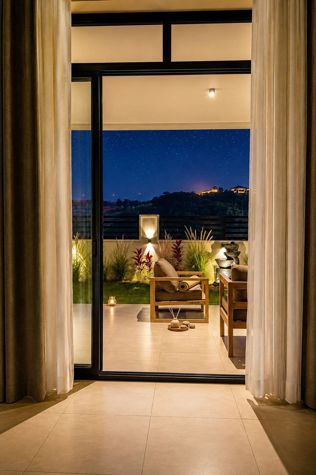The principal suite at Amahoro, open onto its garden terrace at night, with the hills beyond, Kibagabaga, Kigali