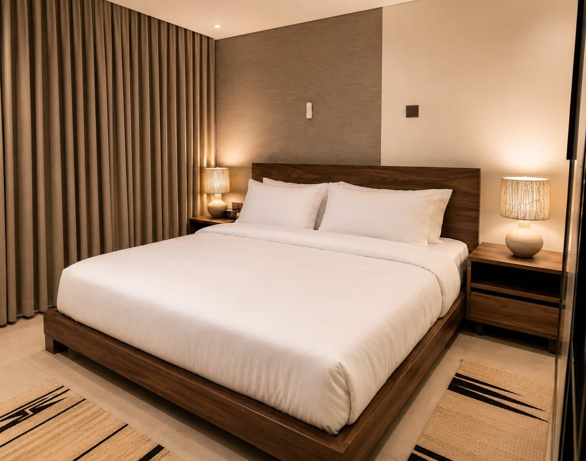 A bedroom at Amahoro with a wide bed and warm lamps, Kibagabaga, Kigali