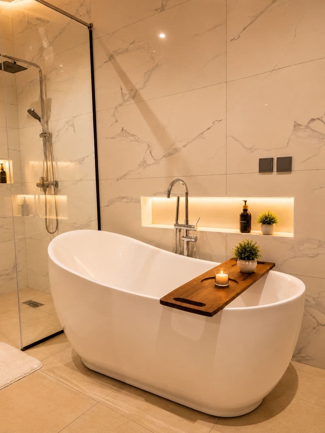 A freestanding bathtub with a wooden tray, in a marble bathroom lit by warm light. Amahoro, Kibagabaga.
