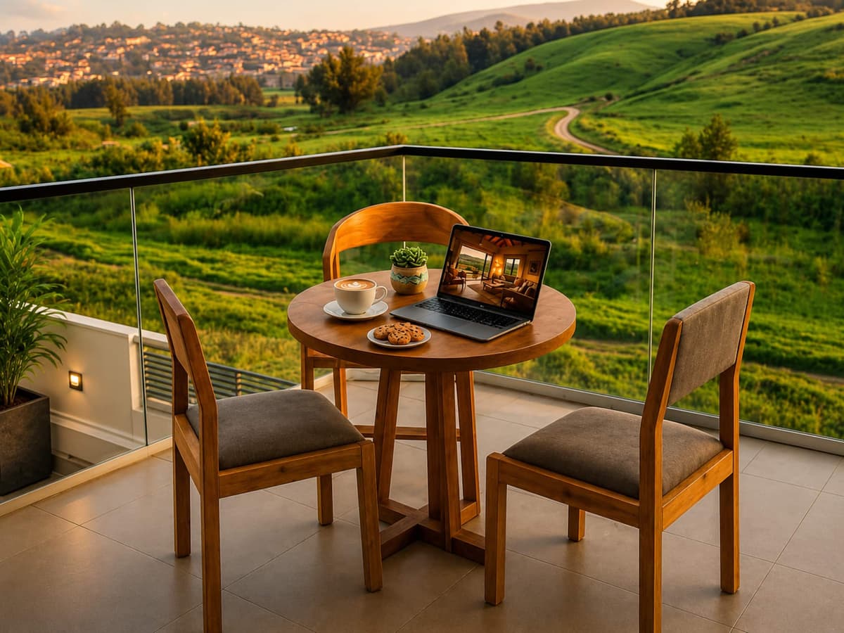 A balcony table set for coffee, above the green hills. Amahoro, Kibagabaga.