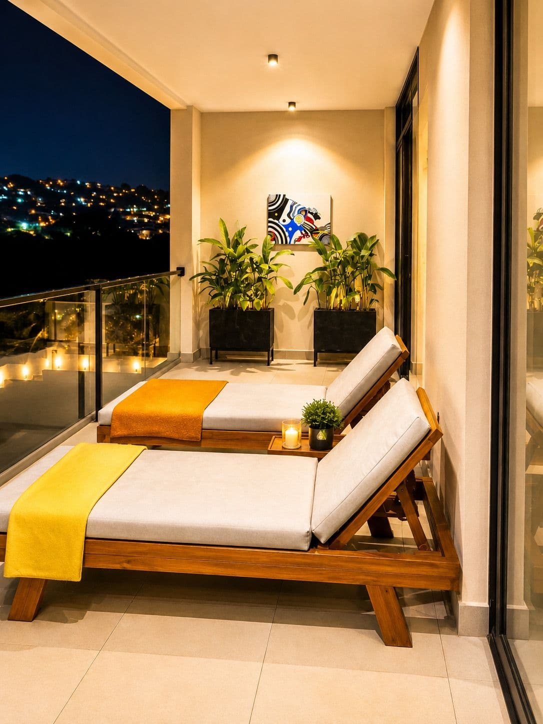 Two cushioned sun loungers on a terrace at night, with the city lights below. Amahoro, Kibagabaga.