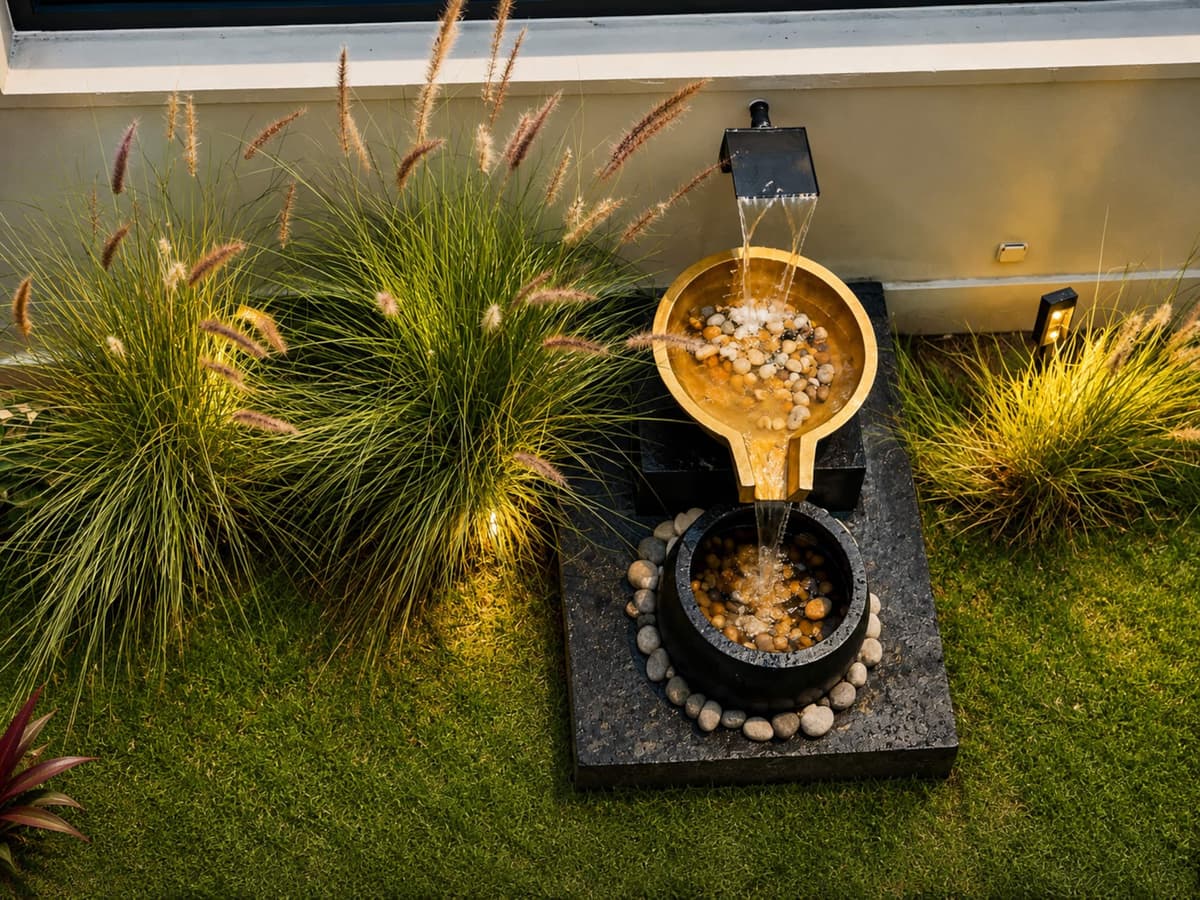 A stone water feature among ornamental grasses in the garden. Amahoro, Kibagabaga.