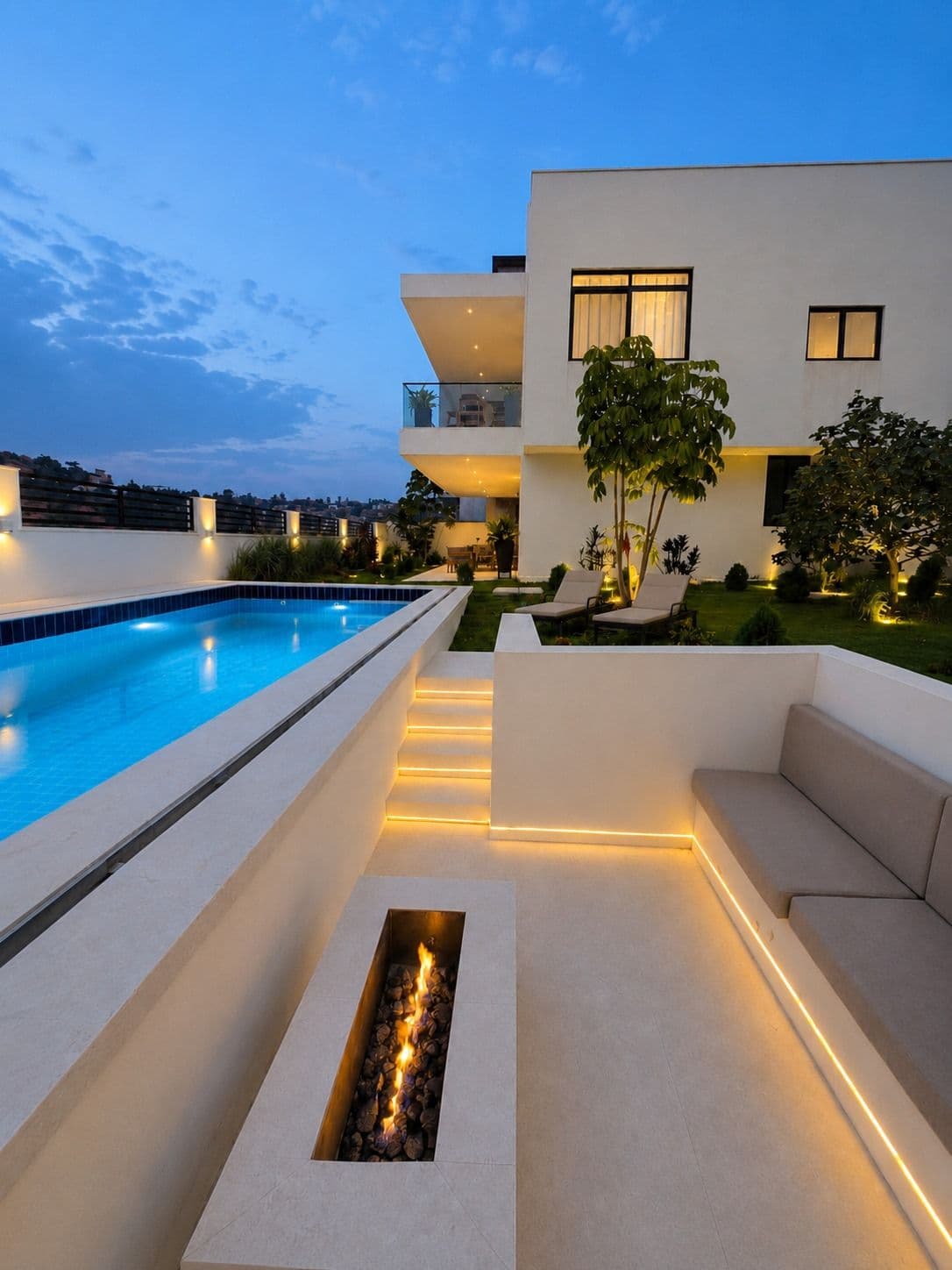 The pool and a fire-pit bench glowing at dusk. Amahoro, Kibagabaga.