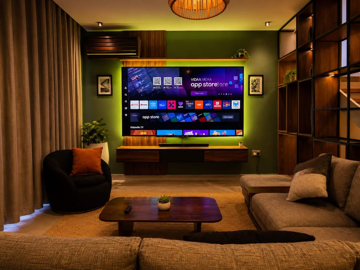 The cinema room, with a wall TV, deep sofas and a low table. Amahoro, Kibagabaga.