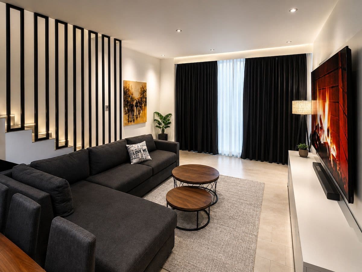 The seating area, with a sectional sofa, round tables and black curtains. Ikaze, Kicukiro.