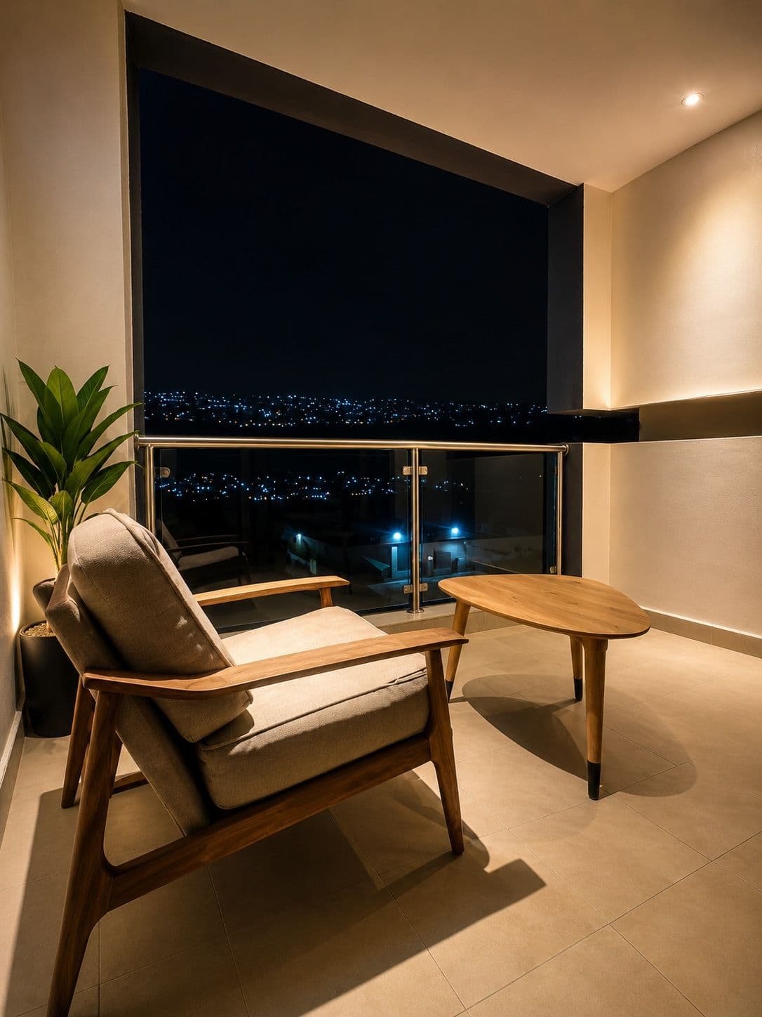 A lounge chair on the balcony at night, with the city lights below. Ikaze, Kicukiro.