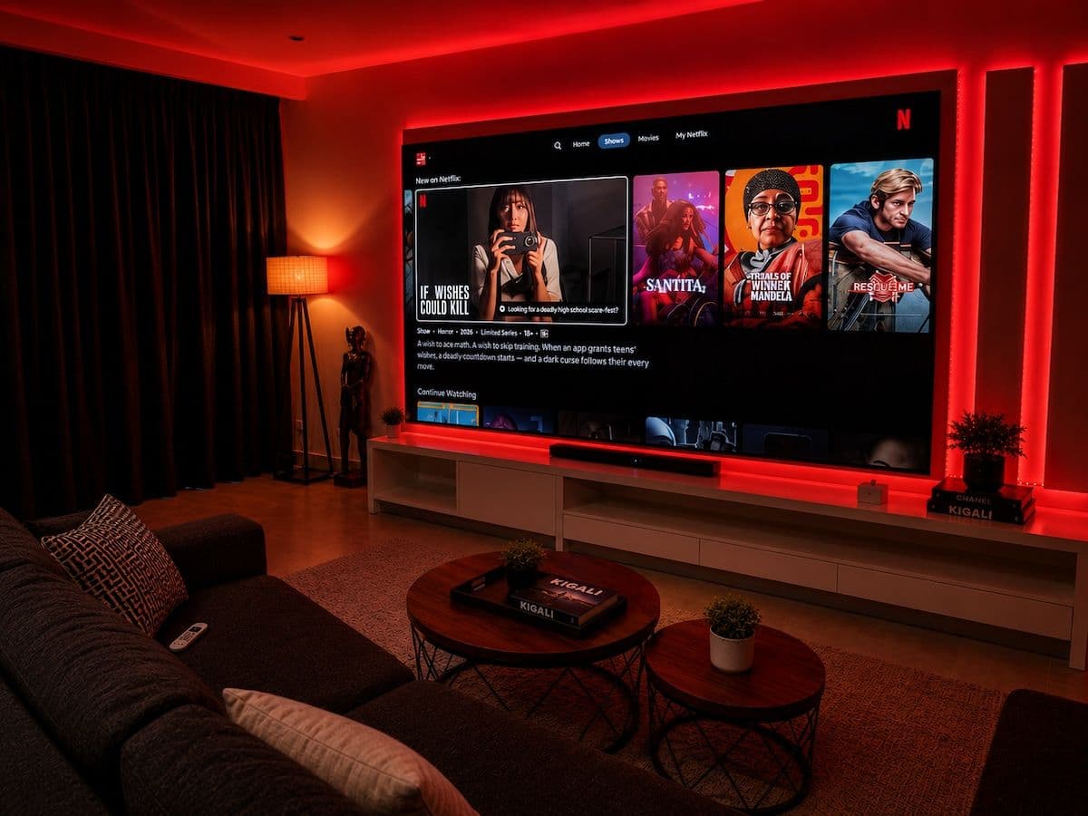 The Red Room: the living room after dark, with its 100-inch screen