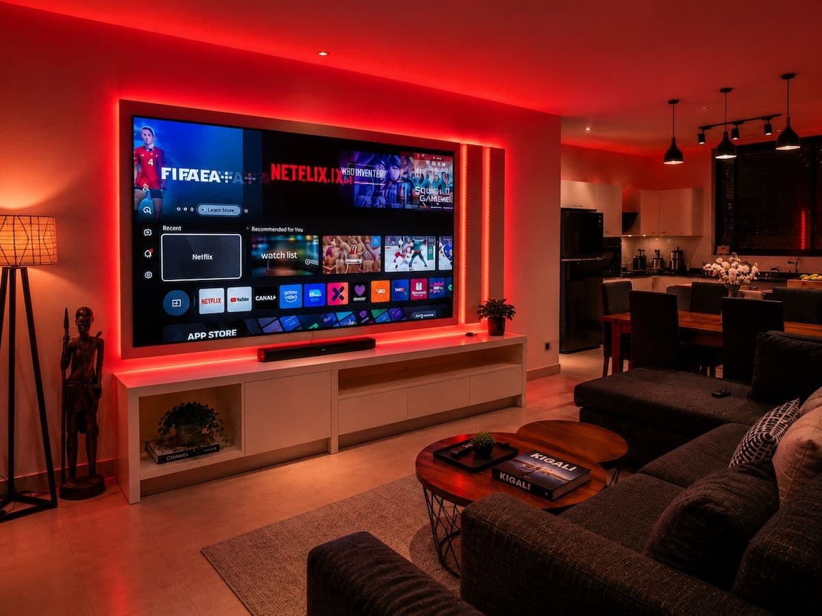 The Red Room, with a large screen, a sofa and a low table. Ikaze, Kicukiro.