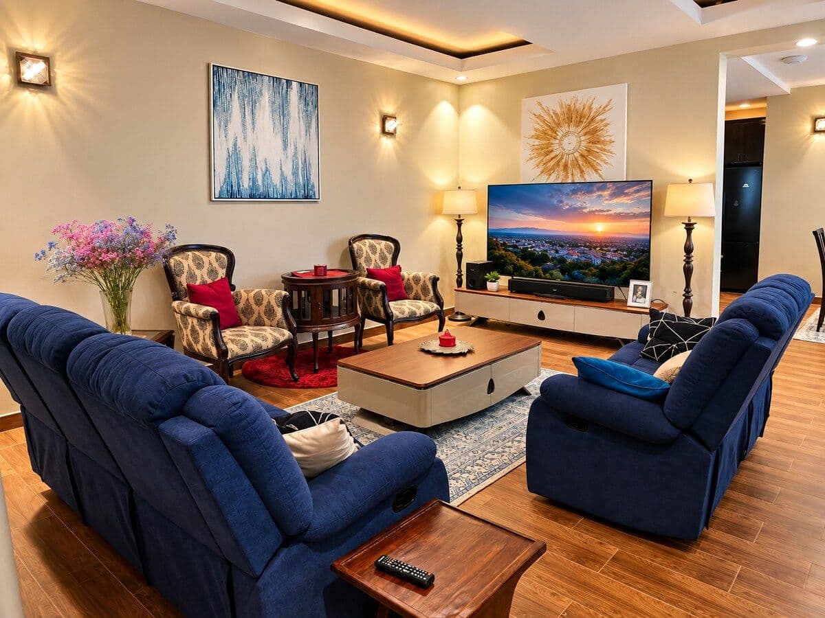 The living room, with blue recliner sofas facing the TV wall. Irebero, Rebero.