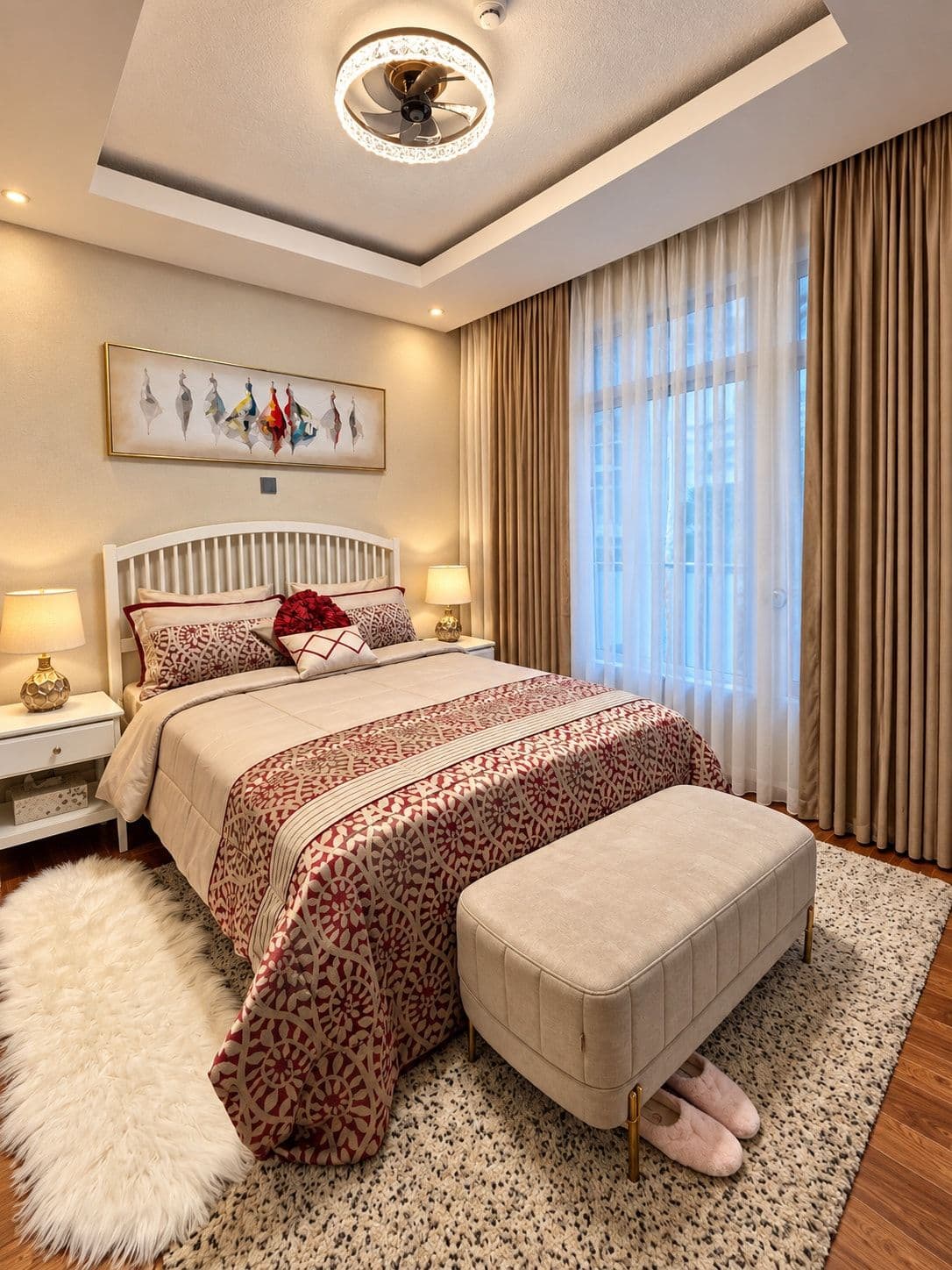 A bedroom with a ceiling fan and a curtained window. Irebero, Rebero.