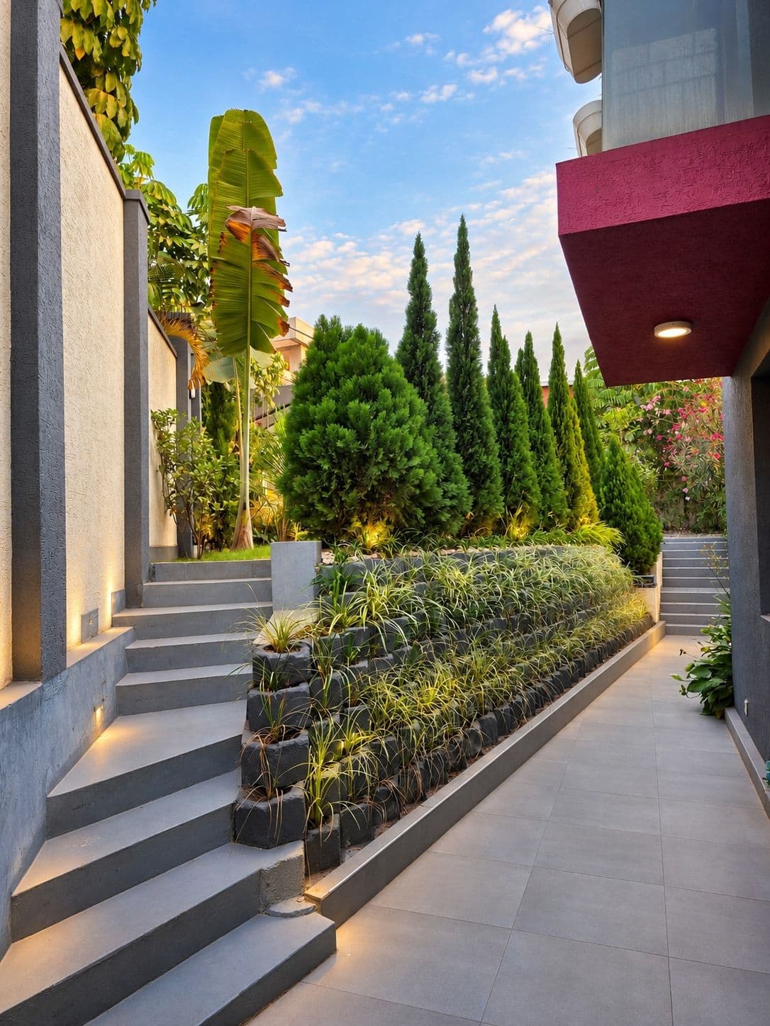 Stone steps and a cypress-lined pathway, lit at dusk. Irebero, Rebero.