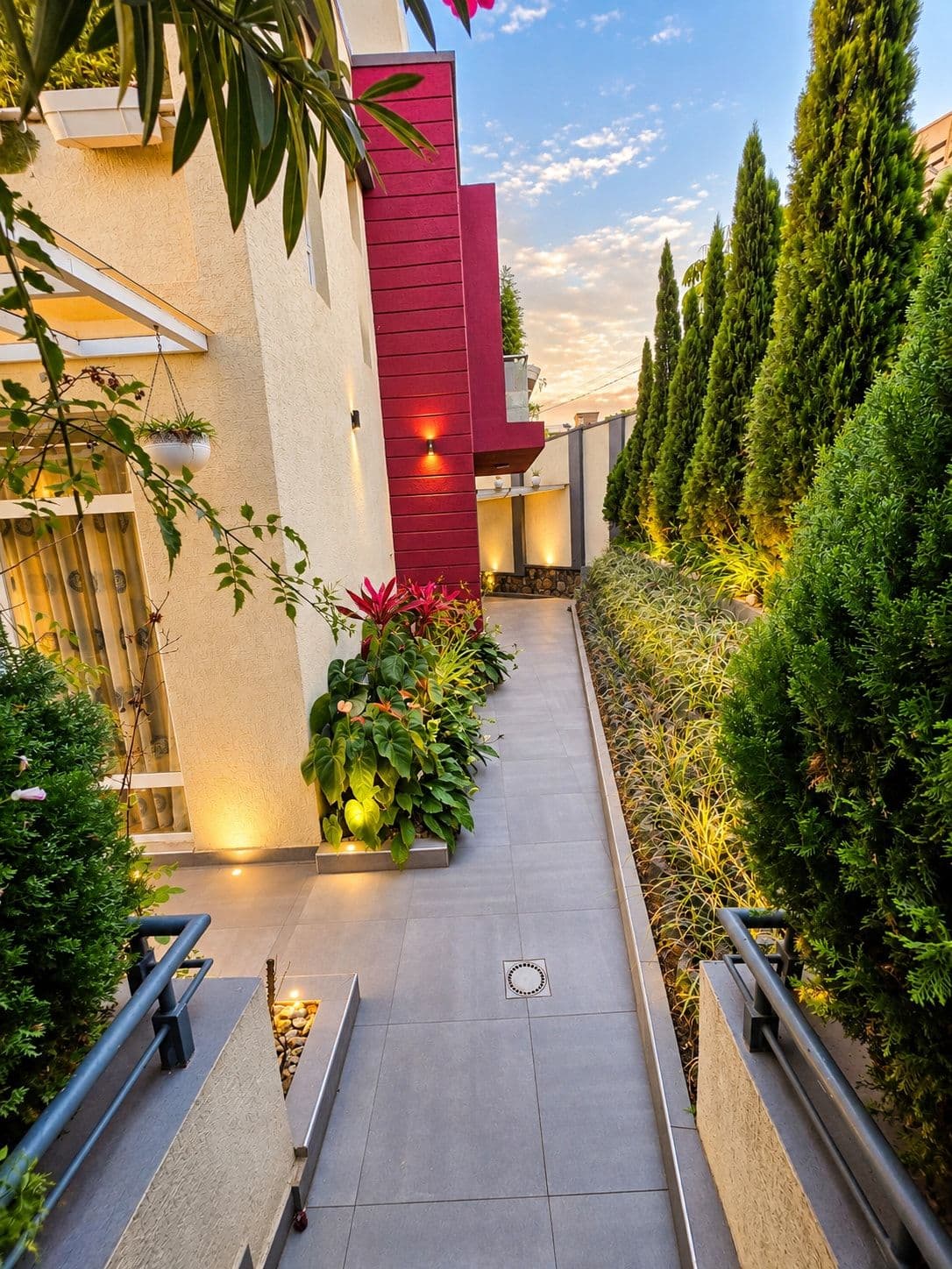 A garden pathway lined with cypress trees at sunset. Irebero, Rebero.