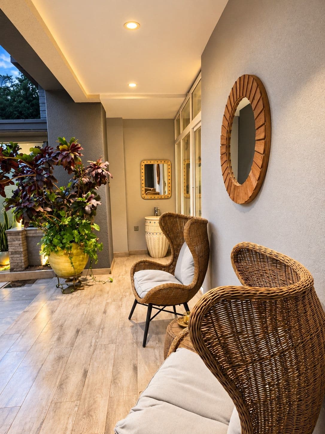 A covered patio with wicker armchairs and a round mirror. Irebero, Rebero.