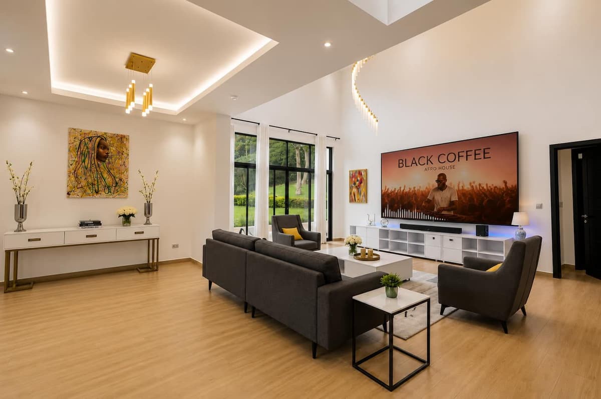 The living room, with sofas arranged around a coffee table. Urugwiro, Kacyiru.