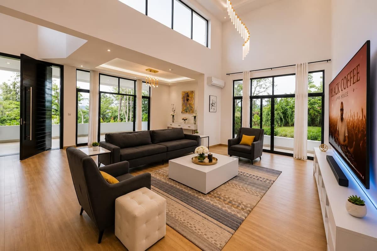 The living room and its large wall screen, with the garden behind the glass doors. Urugwiro, Kacyiru.