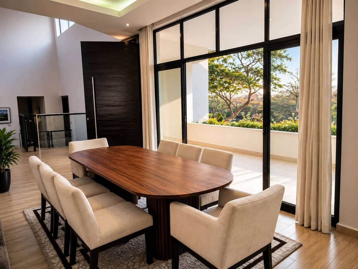 An oval dining table with seating for eight, in front of a tall glass wall onto the garden. Urugwiro, Kacyiru.