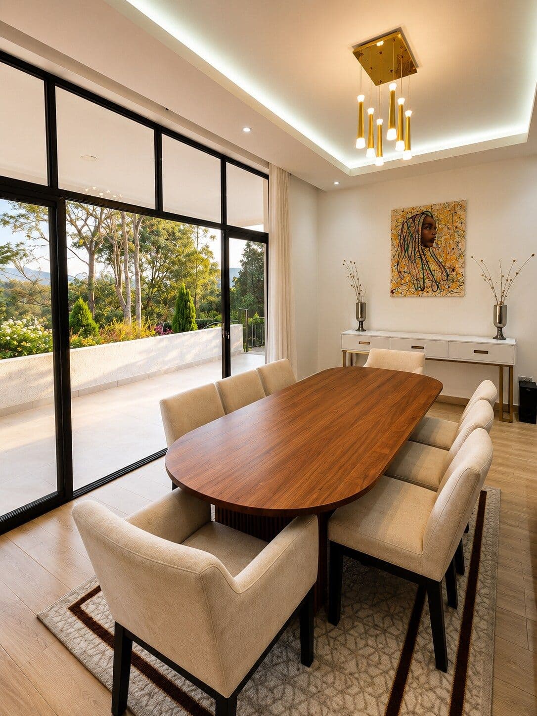 The dining table seen through the doors open to the terrace. Urugwiro, Kacyiru.
